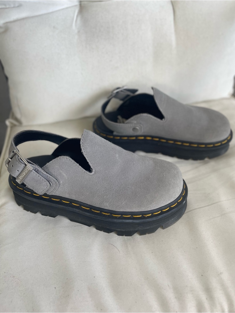 Dr Martens. Grey Suede Platform Slingback Clog with Yellow Stitching
